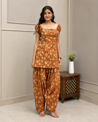 Rust Orange Puff Sleeve Farshi Set
