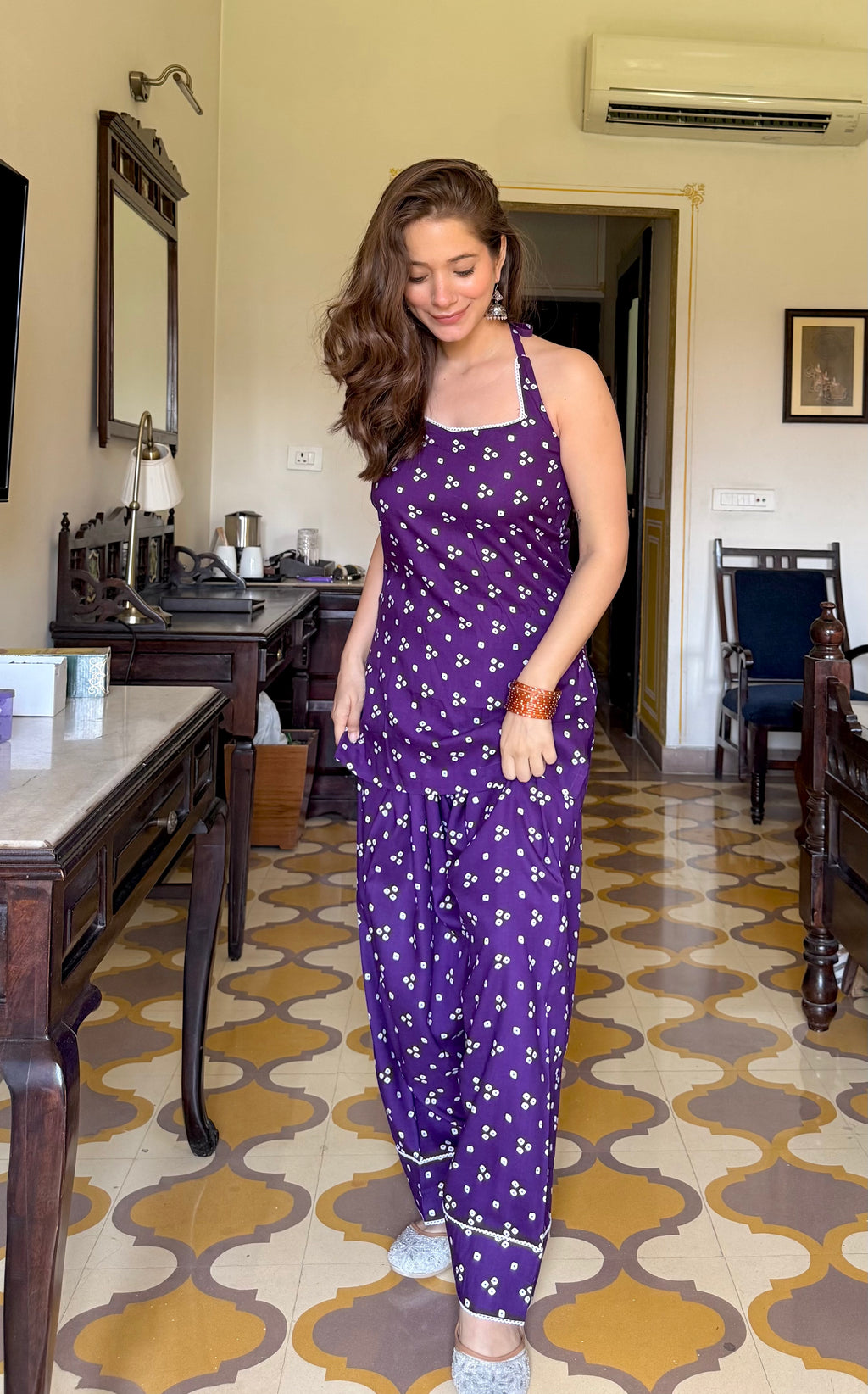 BANDHEJ PURPLE HALTER NECK FARSHI SET