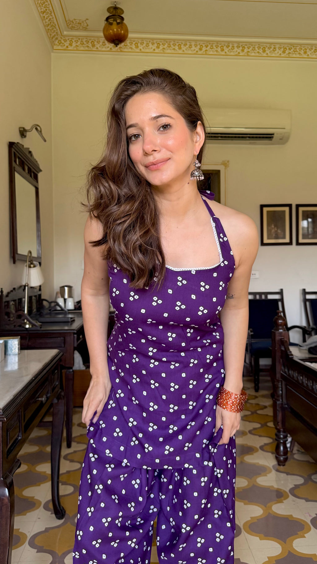 BANDHEJ PURPLE HALTER NECK FARSHI SET