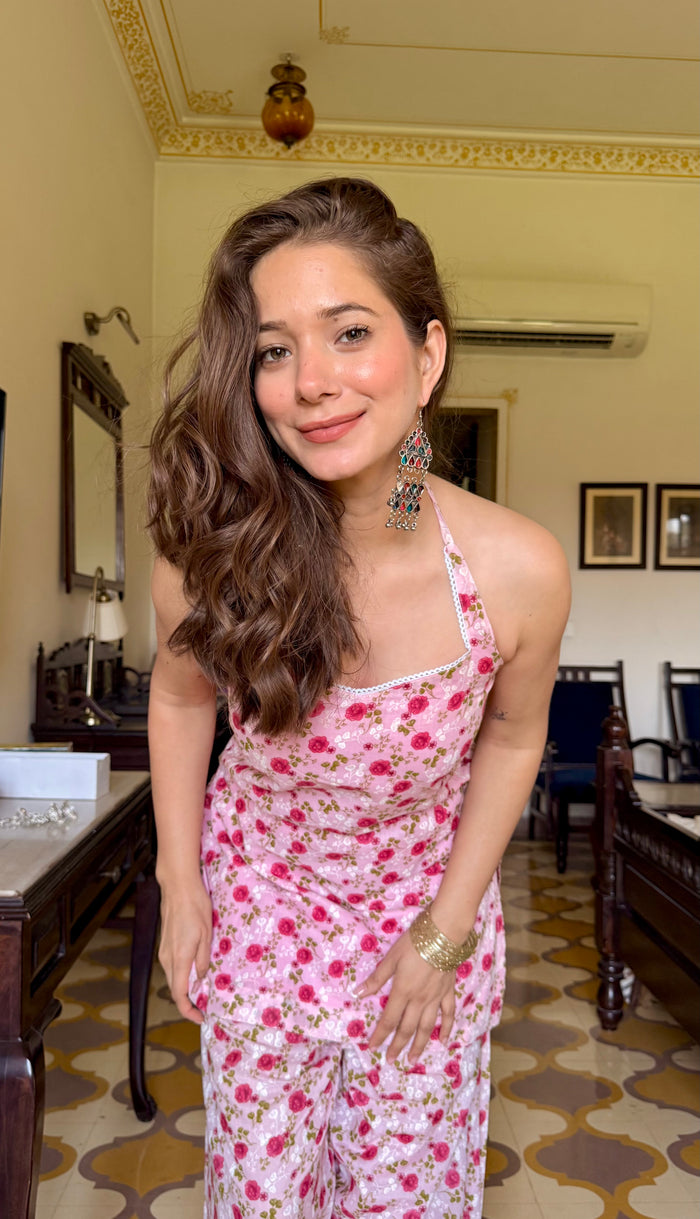 PINK FLORAL HALTER NECK FARSHI SET