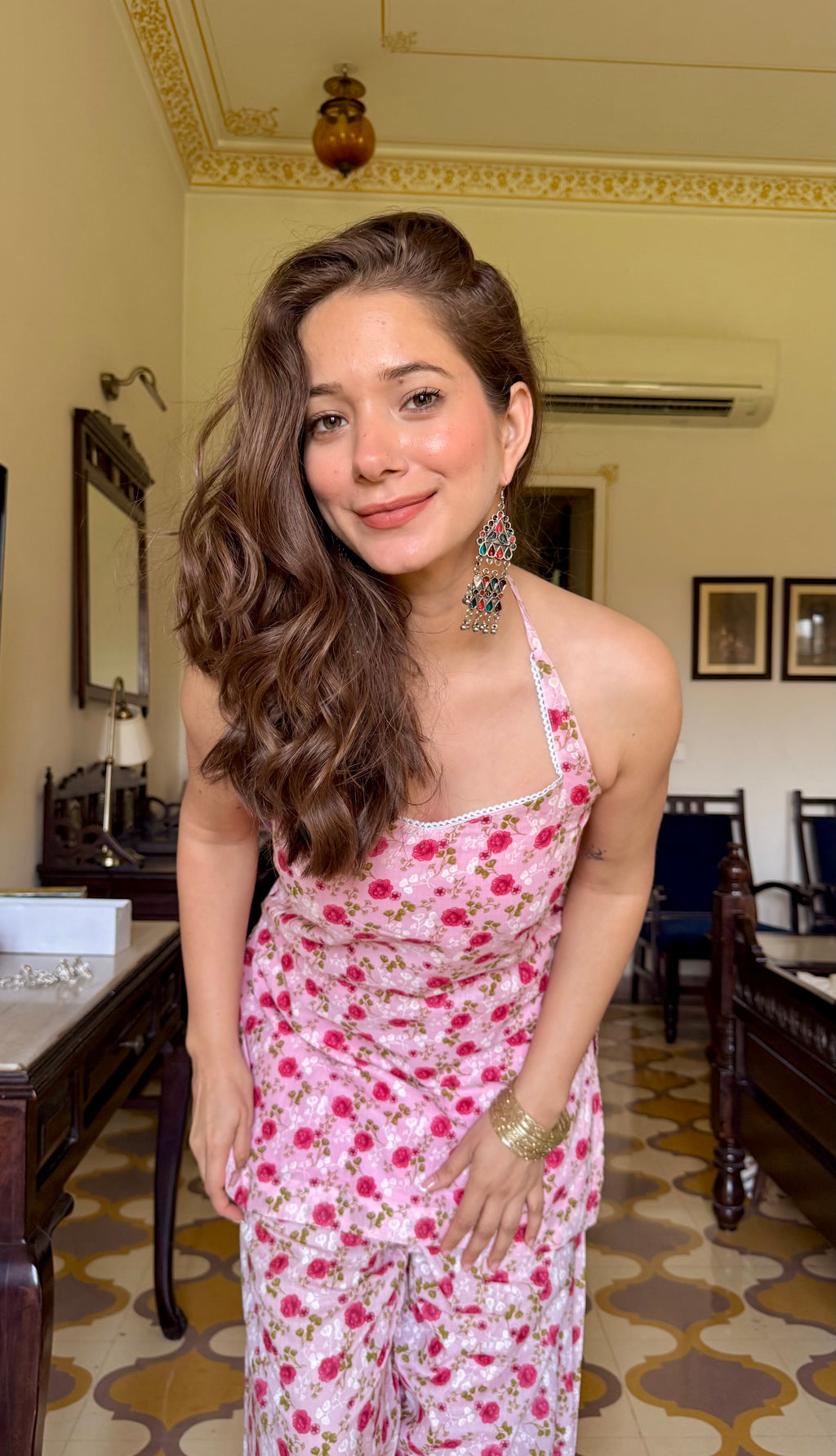 PINK FLORAL HALTER NECK FARSHI SET