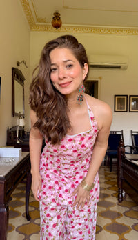 PINK FLORAL HALTER NECK FARSHI SET