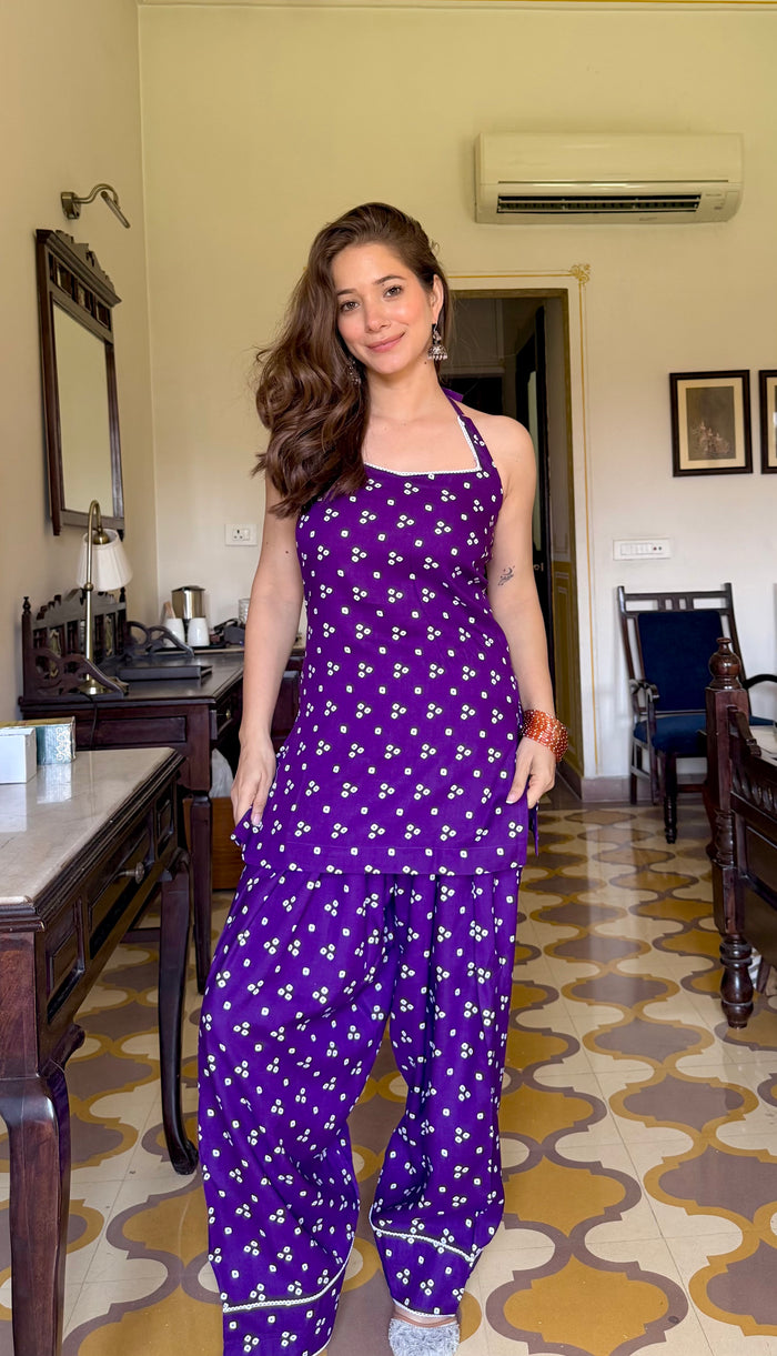 BANDHEJ PURPLE HALTER NECK FARSHI SET