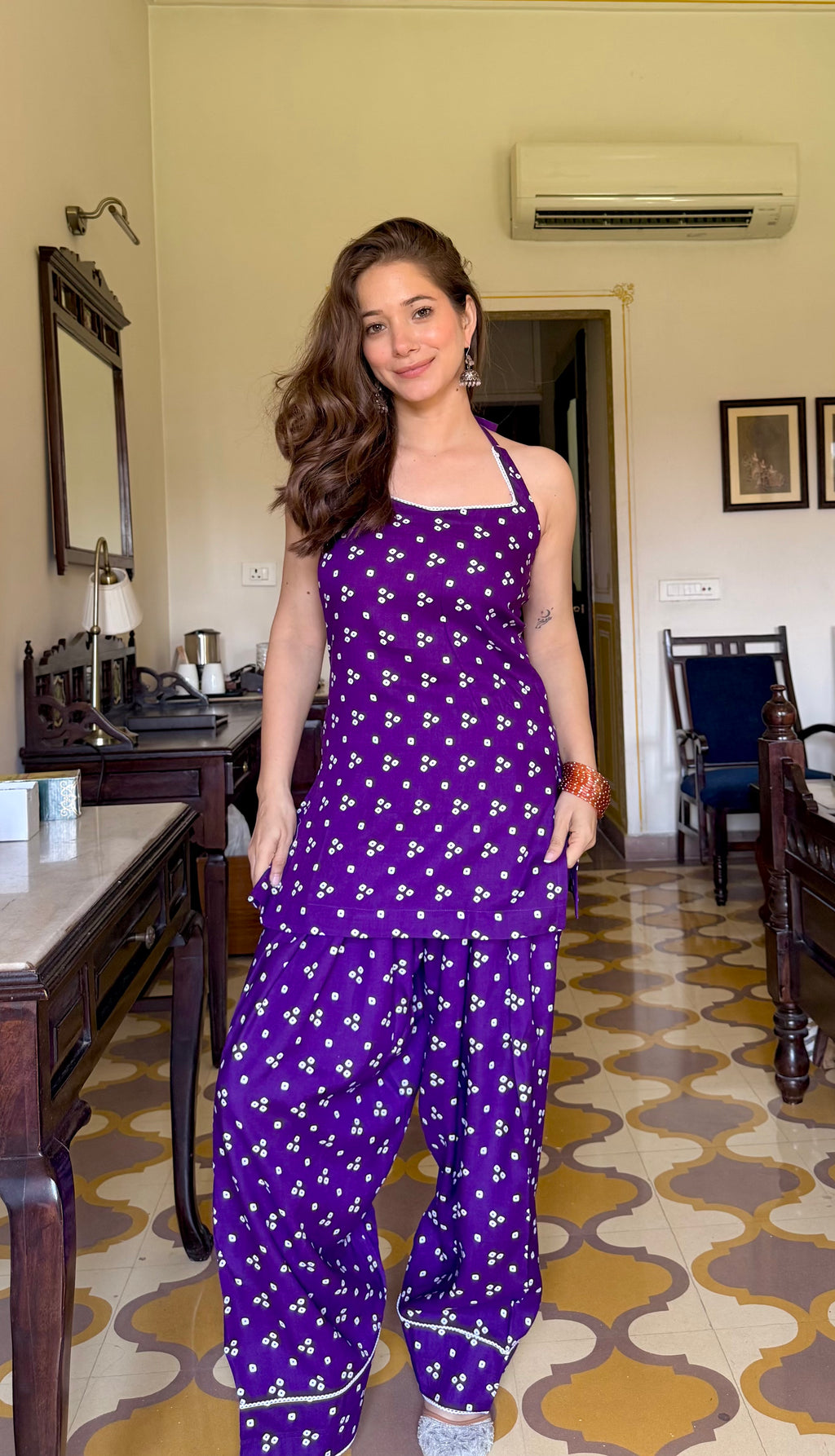 BANDHEJ PURPLE HALTER NECK FARSHI SET