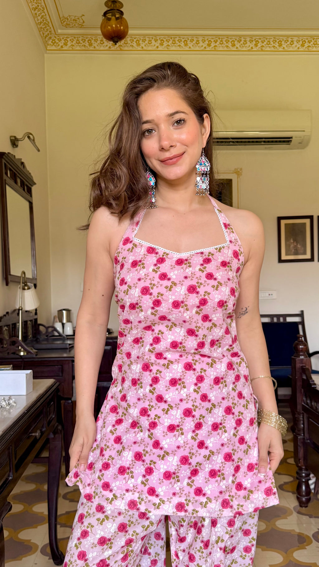 PINK FLORAL HALTER NECK FARSHI SET